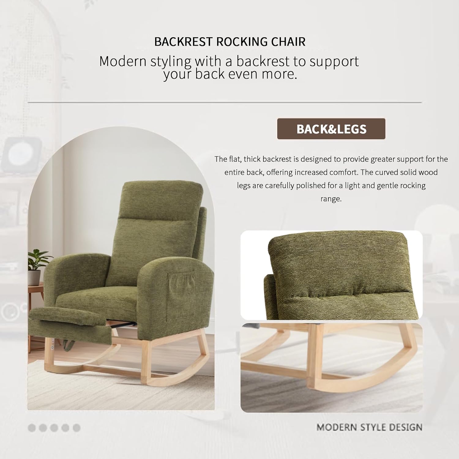 Rosevera Nursery Rocking Chair with Adjustable Footrest for Living Room - Teddy Fabric, Solid Wooden Legs, Comfortable Lounge Armchair with High Backrest and Side Pockets (Contemporary, Cyan-1 line)