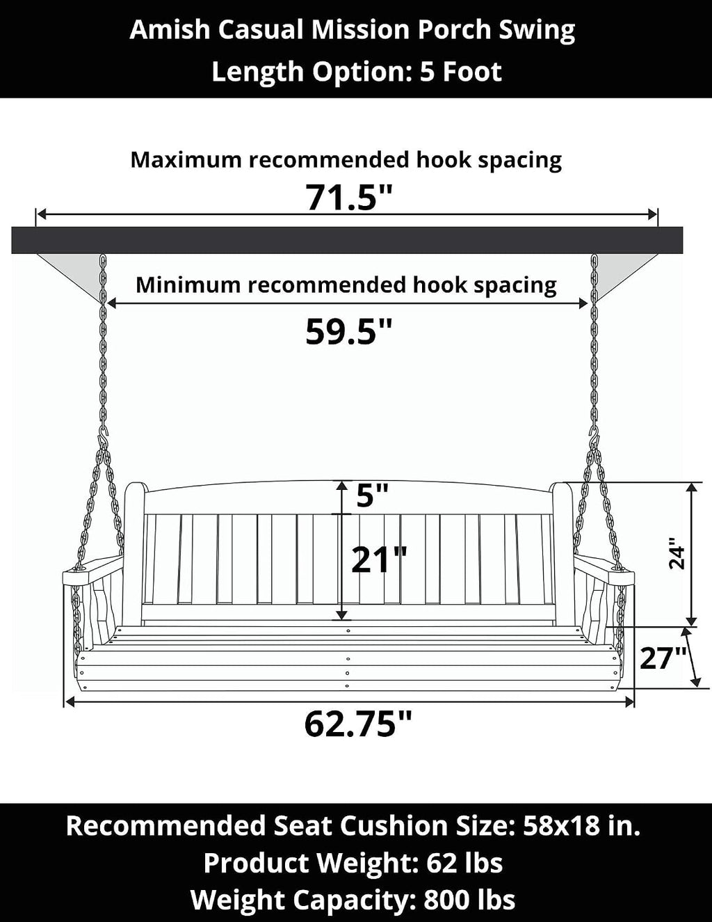 Amish Casual Heavy Duty 800 Lb Mission Treated Porch Swing with Hanging Chains (5 Foot, Unfinished)