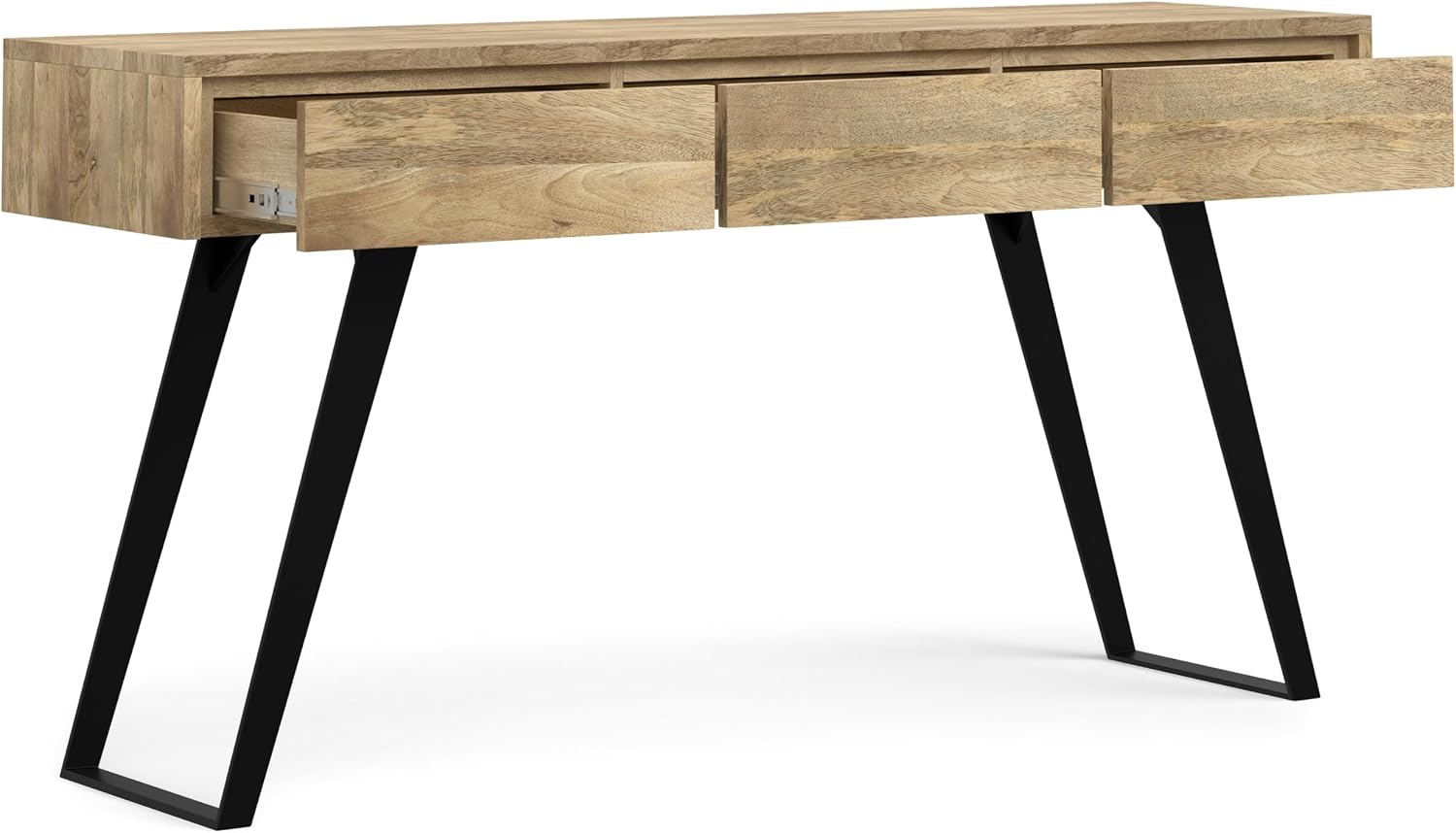 SIMPLIHOME Lowry Console Table - 60 Inch Wide Solid Mango Wood and Metal Sofa Table in Natural, Modern Industrial Storage Table for Entryway or Living Room with 3 Drawers and Angled Metal Legs
