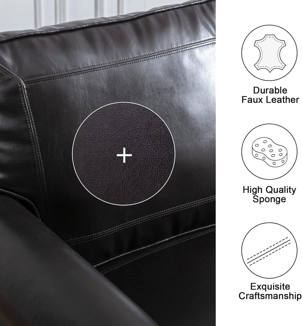 Kingfun Mid-Century Modern Couch, Faux Leather Sofa, 3 Seater Couch for Living Room with Rolled arms & Nailhead Trim, Black