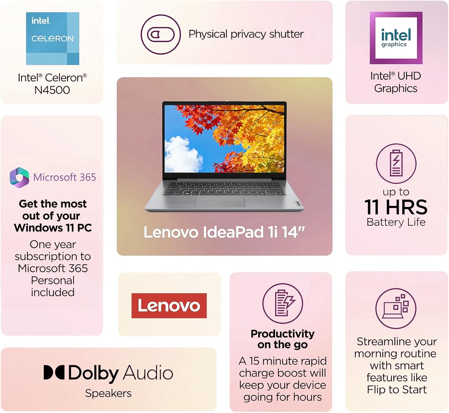 Lenovo IdeaPad 1 1i 14' Laptop with 1-Year Microsoft 365, Intel Processor, 4GB RAM, 128GB eMMC + 128GB SSD, SD Card Reader, Privacy Camera, Long Battery Life, with Accessories, Win 11 Pro