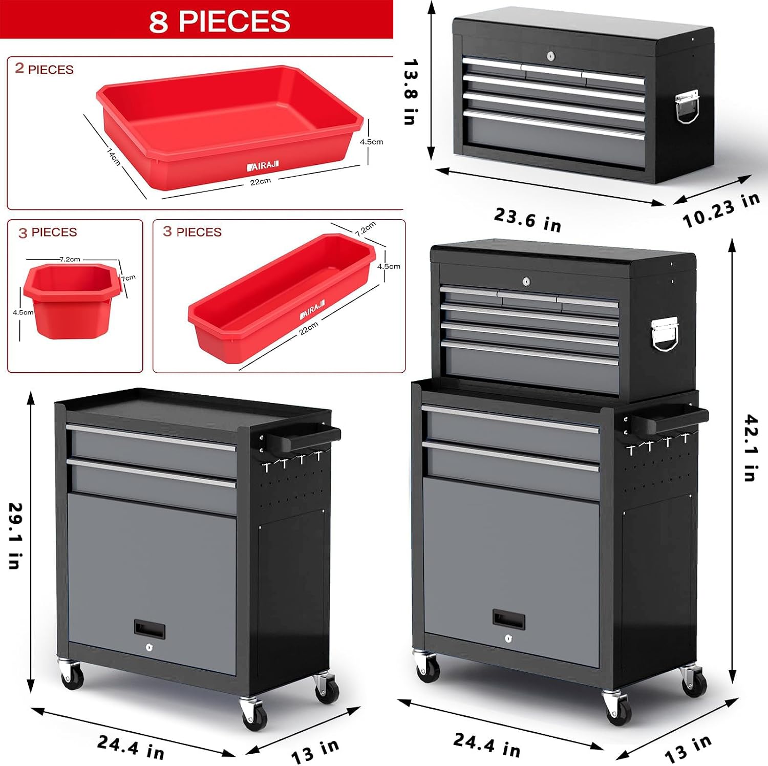 Tool Chest 8-Drawer | 42'' Large Rolling Tool Chest with Wheels | Detachable Top Metal Tool Box | Garage Storage Cabinet for Repair Room,Warehouse | Rolling Tool Box with Hooks,Liners,Tray Divider