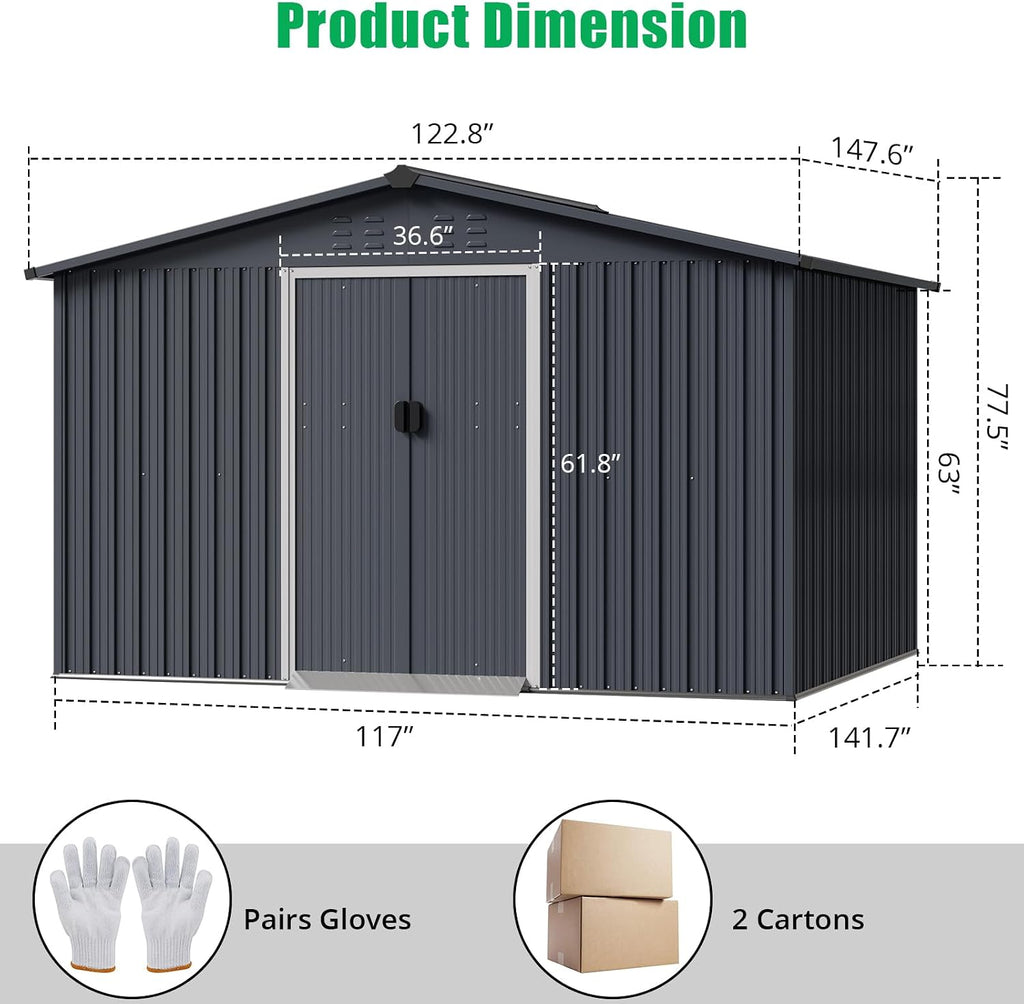 GarveeLife Outdoor Storage Shed 12 x 10 ft, Outdoor Tool Metal Shed with Lockable Door, Air Vents and Sloping Roof, Metal Aluminum Waterproof Tool Sheds for Yard, Garden, Patio, Garage, Lawn, Gray