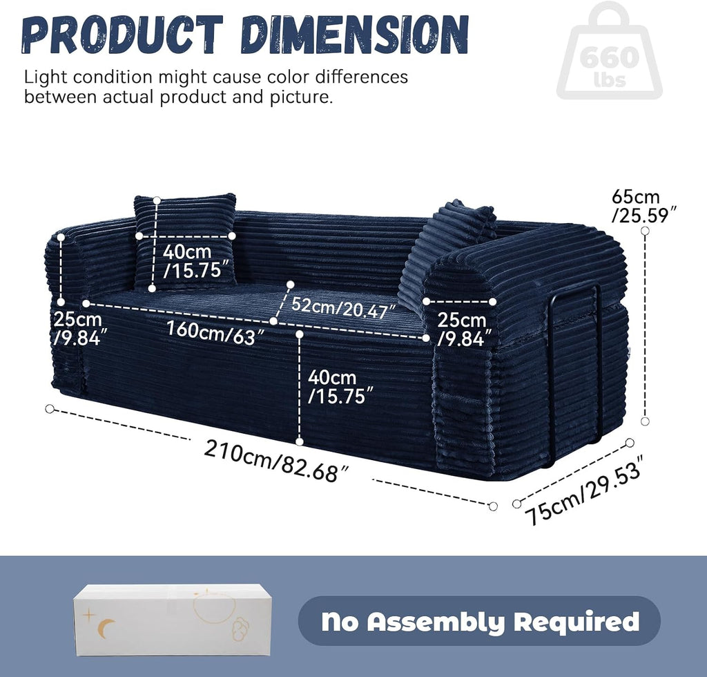 3 Seater Sofa Couch for Living Room (Blue, 30' D + 2 Pillows +Fixed-Shape Frame)