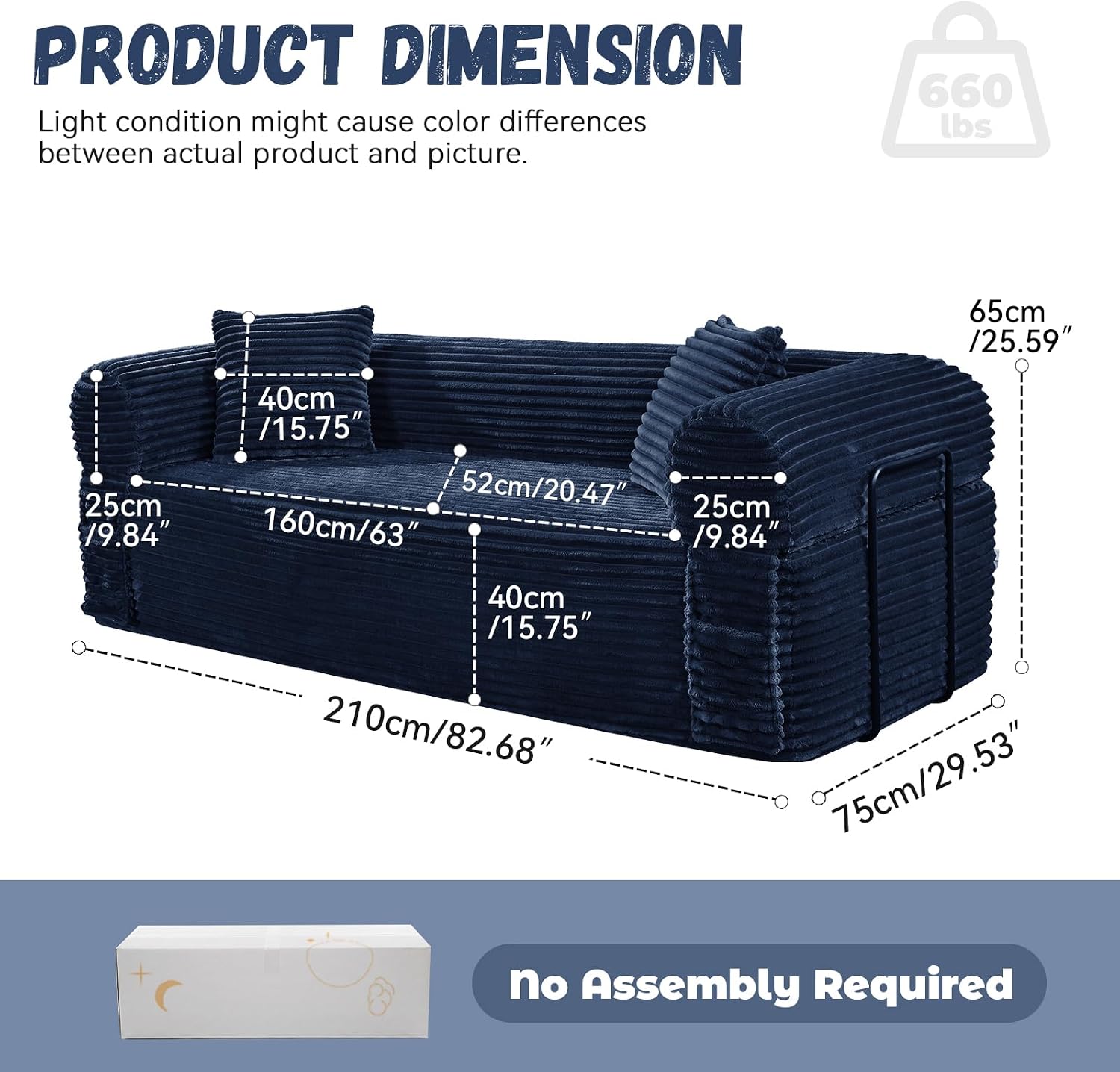 3 Seater Sofa Couch for Living Room (Blue, 30' D + 2 Pillows +Fixed-Shape Frame)