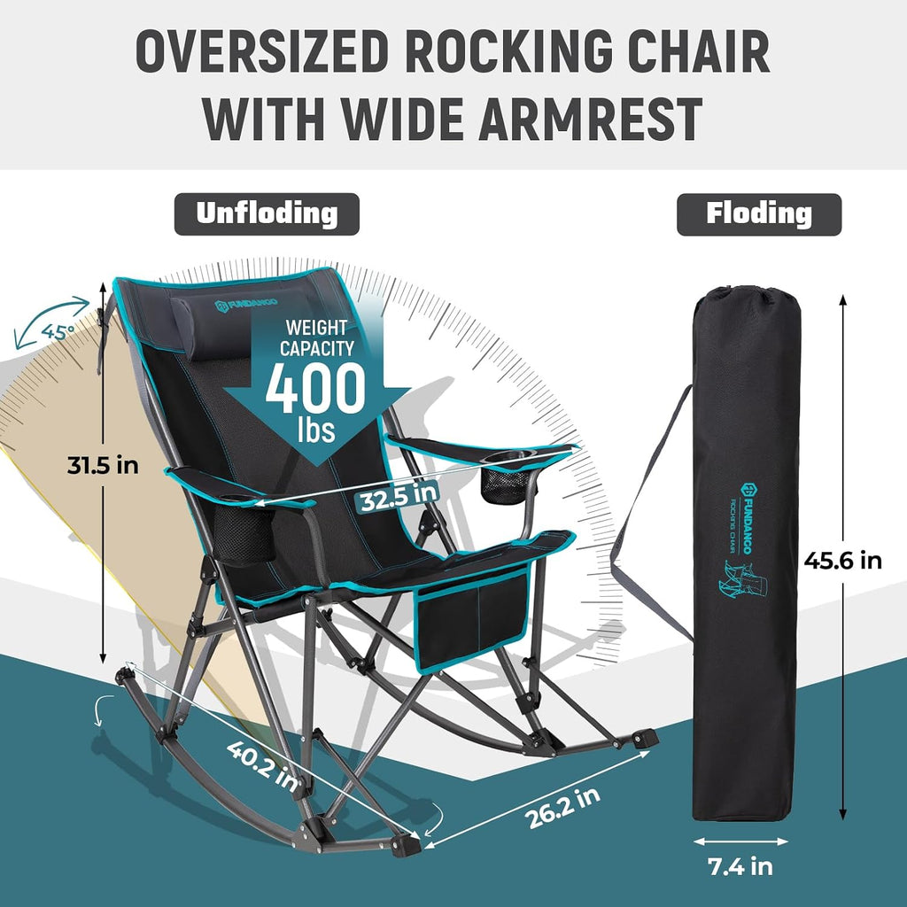 FUNDANGO Oversized Rocking Camping Chair for Adults, 2 Pack Portable Folding Lawn Chairs for Outside with Pillows, Wide Armrest, 2 Cup Holders, Carry Bag for Patio Garden Outdoor Supports 400Lbs