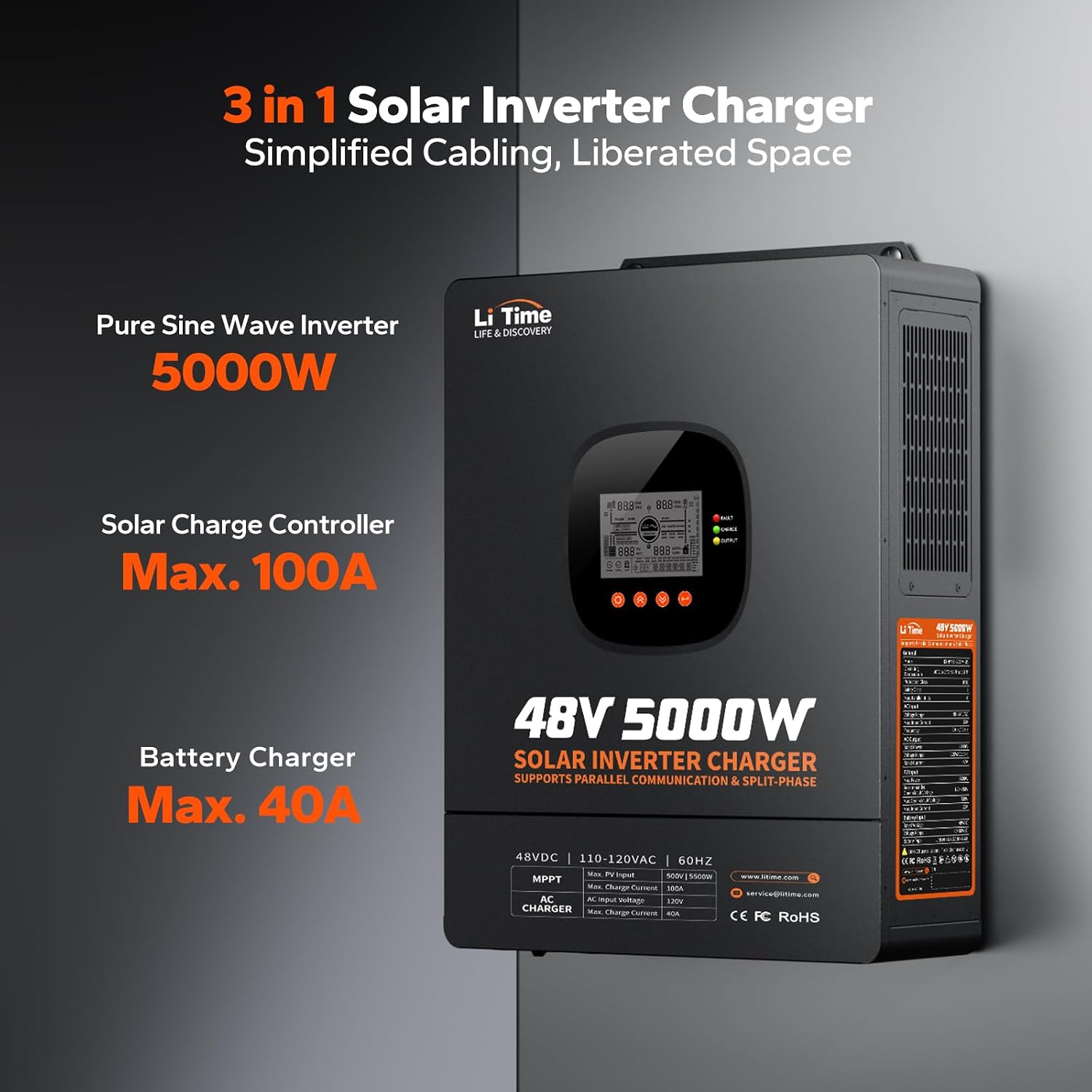 LiTime 5000W Pure Sine Wave Inverter, 48V DC to 120V AC Solar Hybrid Inverter Charger, Parallel Split-Phase for 240V, Built in 100A MPPT Solar Charger Controller for Home Backup, Off-Grid, Farm