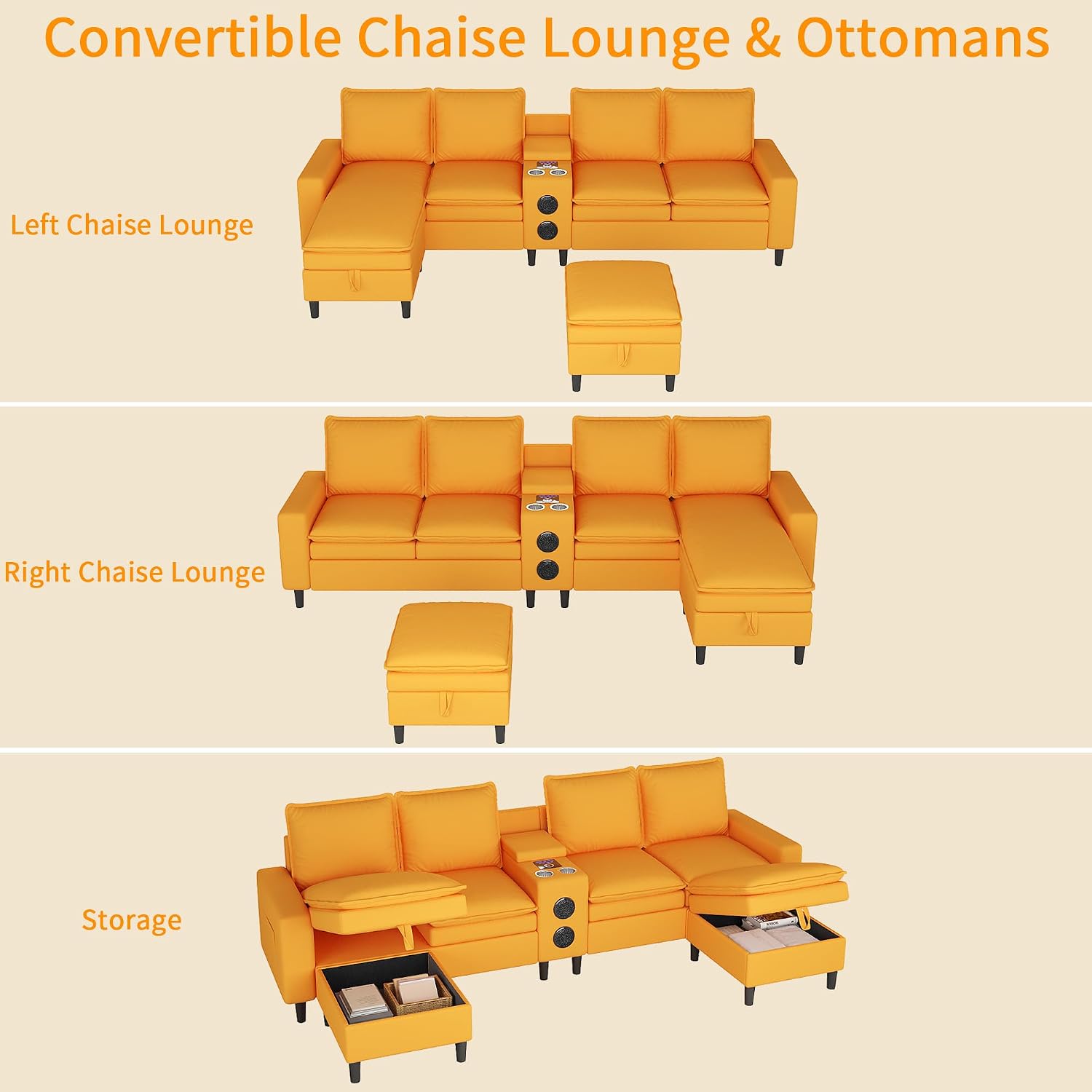 Sectional Couches for Living Room, 4 Seat Sectional Sofa with Smart Module-Bluetooth Speaker/RGB Light/Charging Station, Teddy Fleece U Shaped Cloud Couch with Storage Ottoman (Yellow)