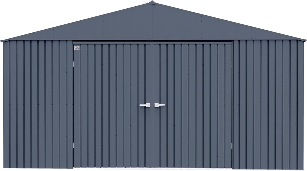 Arrow Shed Elite 14' x 14' Tall Outdoor Steel Storage Shed with High Gable and Lockable Doors Storage Building, Anthracite