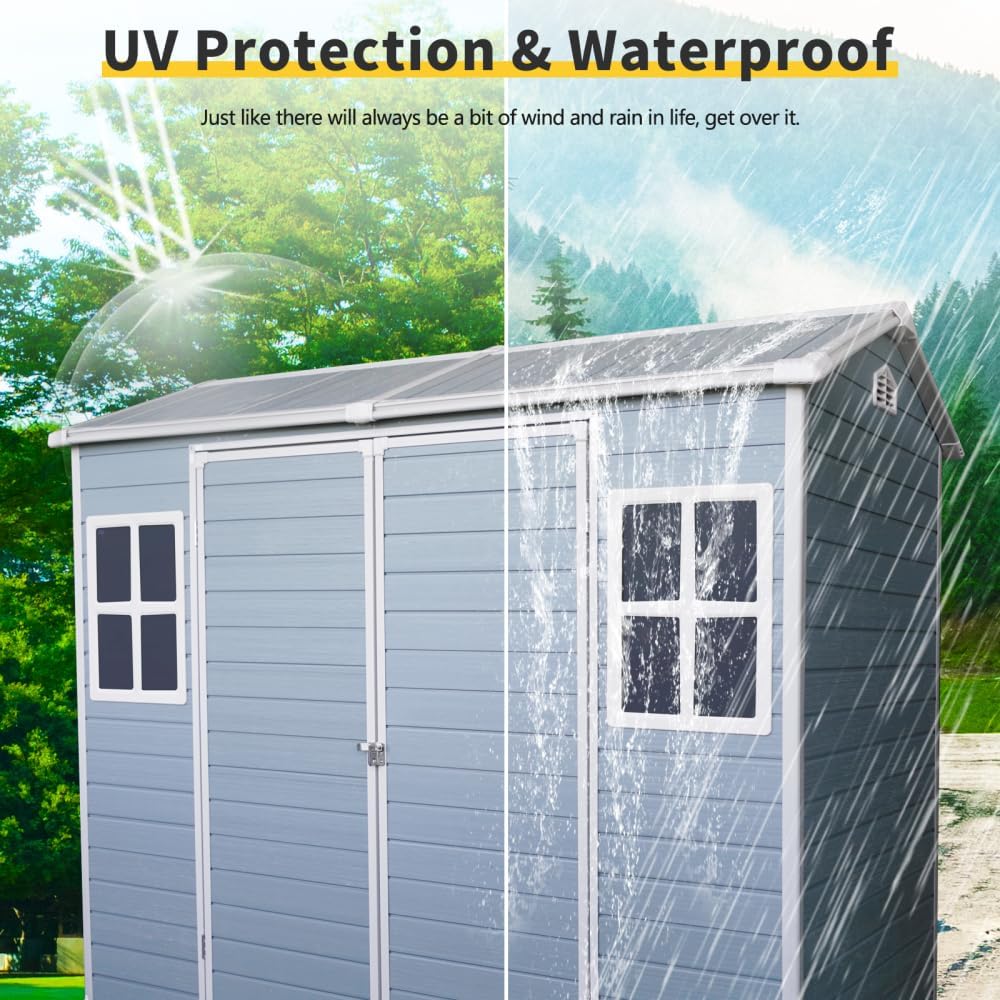 8x4FT Resin Garden Shed - Plastic Lean to Shed with Floor, Lockable Outdoor Storage Sheds for Patio Yard, Outdoor Shed with Floor Included (White)