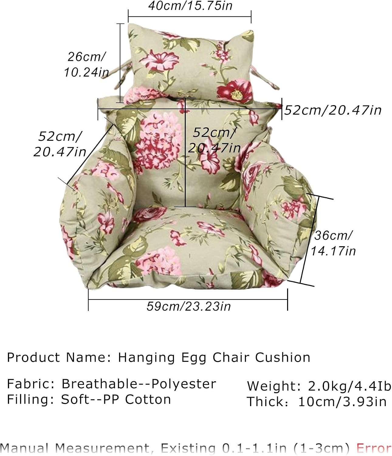 Egg Chair Cushion, Soft and Comfortable Hanging Basket Chair Cushion, Outdoor Recreation Egg Swing Chair Cushion(Gray)