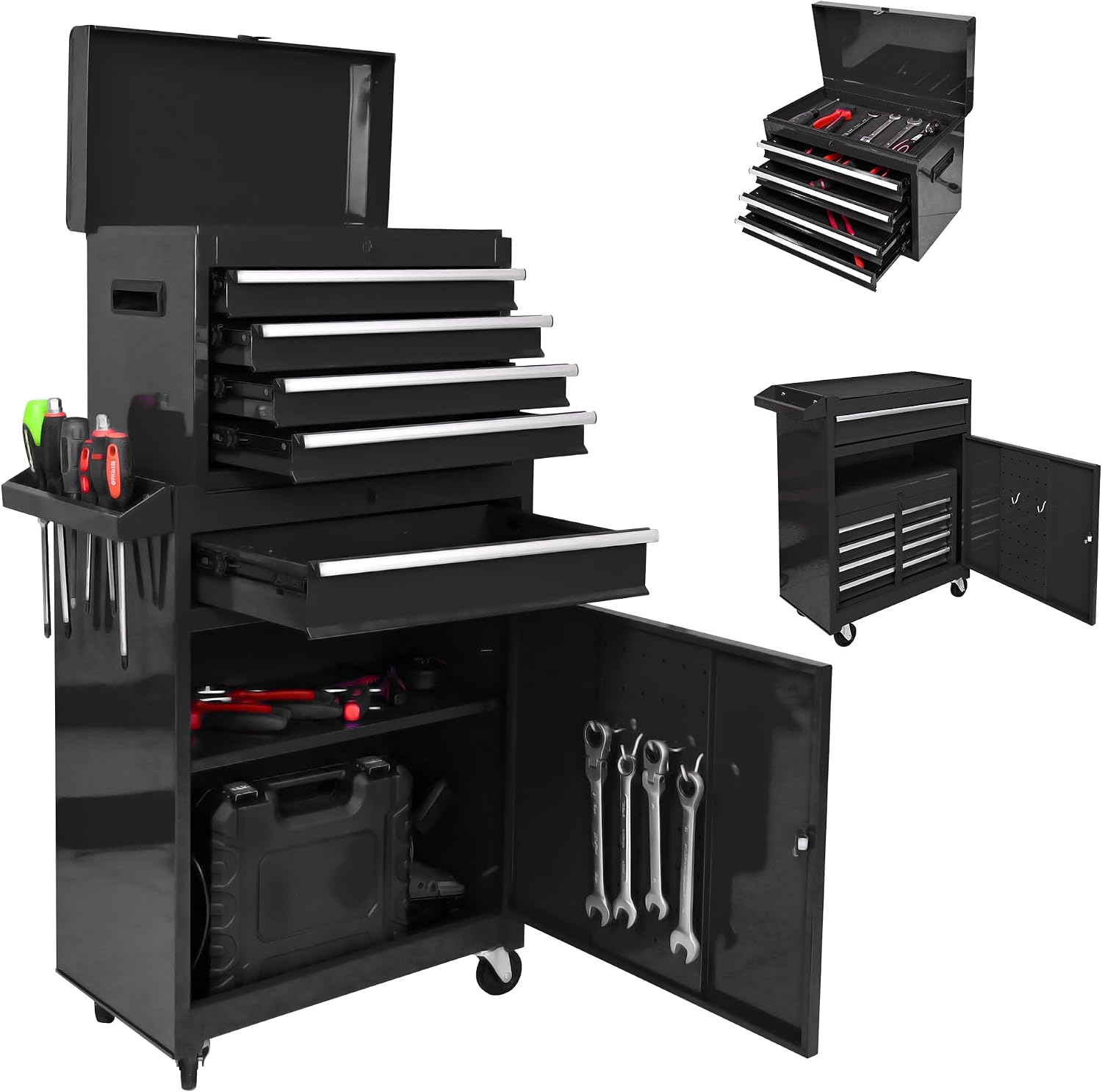 5-Drawer Tool Chest, Rolling Tool Box with Detachable Top Toolbox & Universal Wheels, Tool Cabinet with Lock Bar, Protective Liner & Tool Rack, Metal Storage Cart for Garage,Workshop (Black)