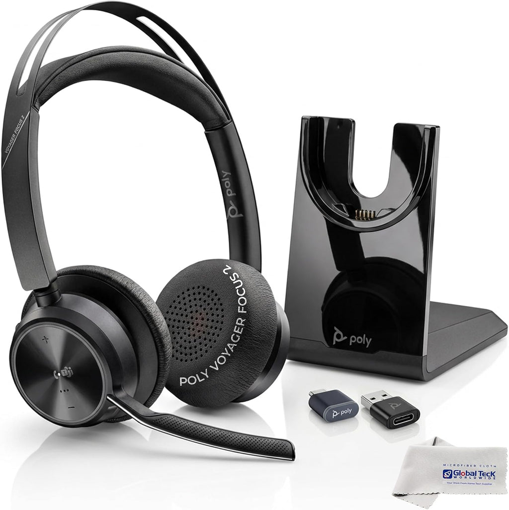 Poly Plantronics Voyager Focus 2 UC, Stereo Bluetooth Headset with Charging Stand, USB C, with USB C to USB A Adapter, Compatible with Teams, Zoom, Connects to Laptop,PC/Mac, Smartphone - GTW Cloth