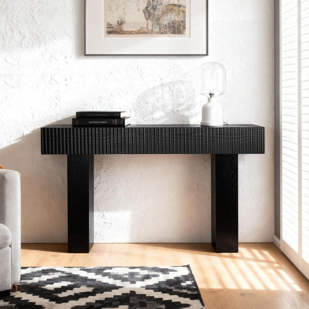 ZYBT 56' Long Fluted Console Table, Boho Vanity Desk Wooden Narrow Sofa Table Behind The Couch, Farmhouse Entryway Table for Entrance, Hallway,Living Room,Bedroom, Home Office Black