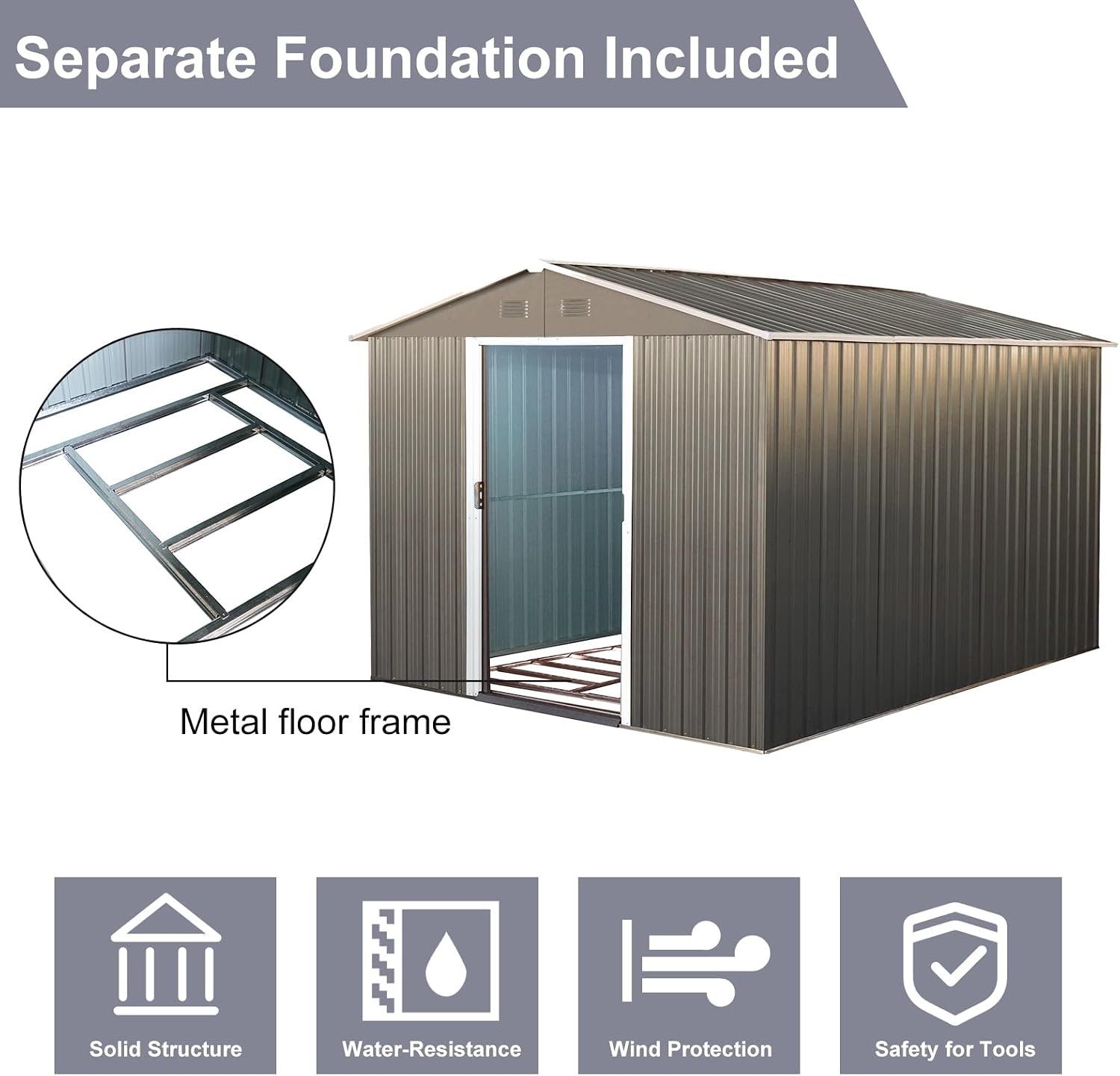 7.5ftx10ft Outdoor Storage Shed with Floor Frame, Metal Garden Shed with Sliding Doors, Waterproof Galvanized Steel Storage House for Backyard Garden, Patio (7.5 x 10 FT, Gray)