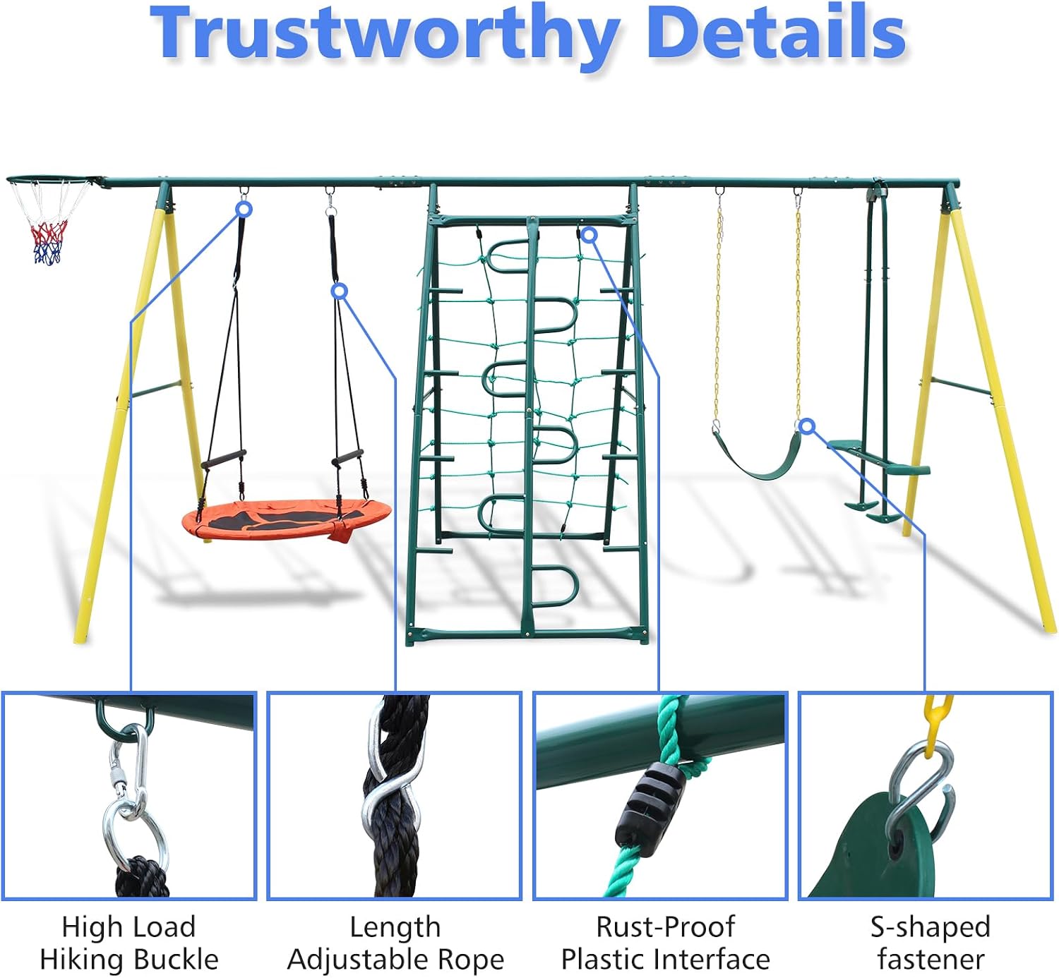 Metal Swing Sets for Kids Backyard, 6-in-1 Heavy Duty Metal Swingset with Climbing Frame, Net, Glider, Hammock Swing, Belt Swing & Basketball Rim, 700LB A-Frame Outdoor Playground for Ages 3-12