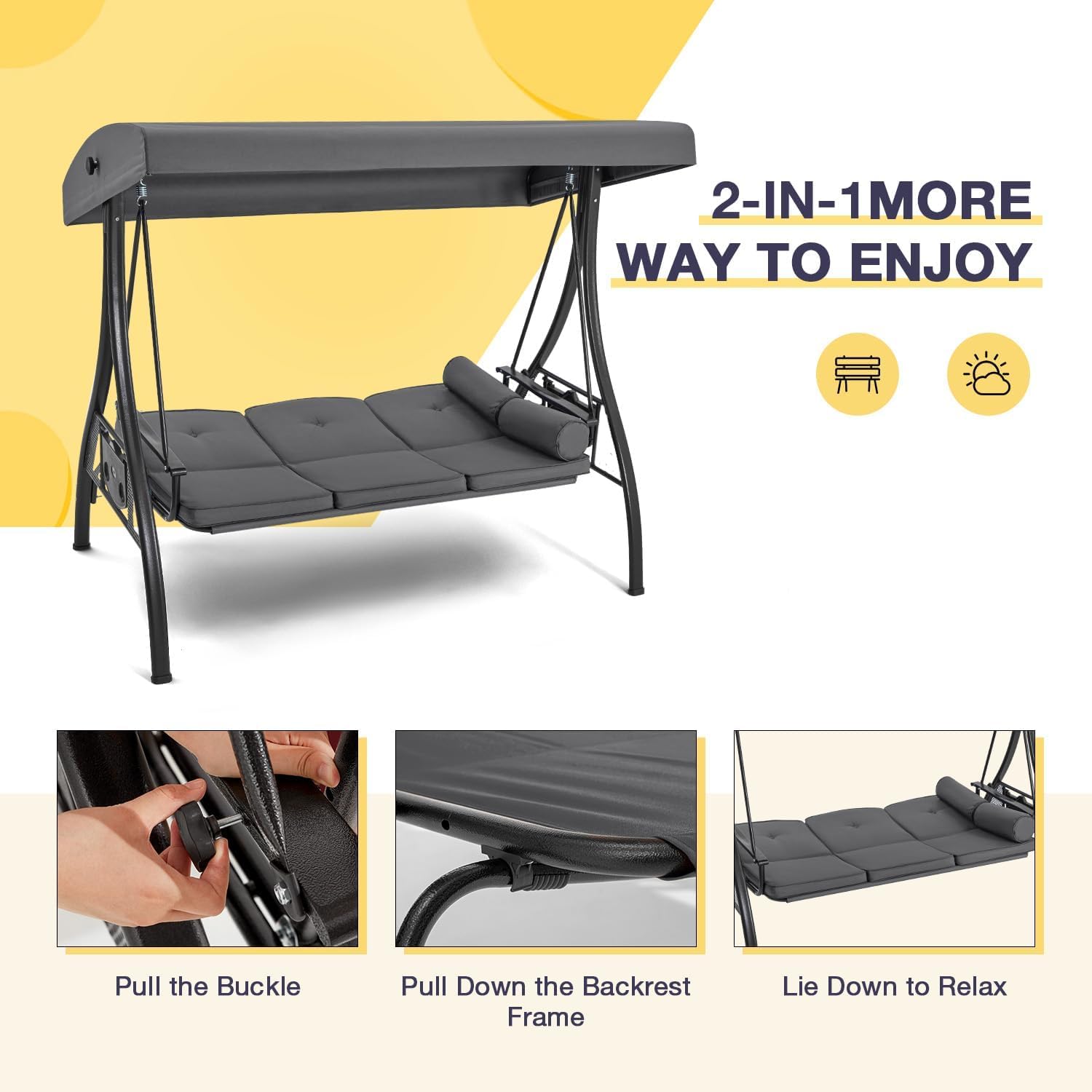 HOMREST 3 Person Outdoor Porch Swing with 1.5' Upgraded Cup Holder, Adjustable Canopy, Backrest, Patio Swing Bed with Weather Resistant Steel Frame, Cushions for Garden,Deck and Poolside(Gray)