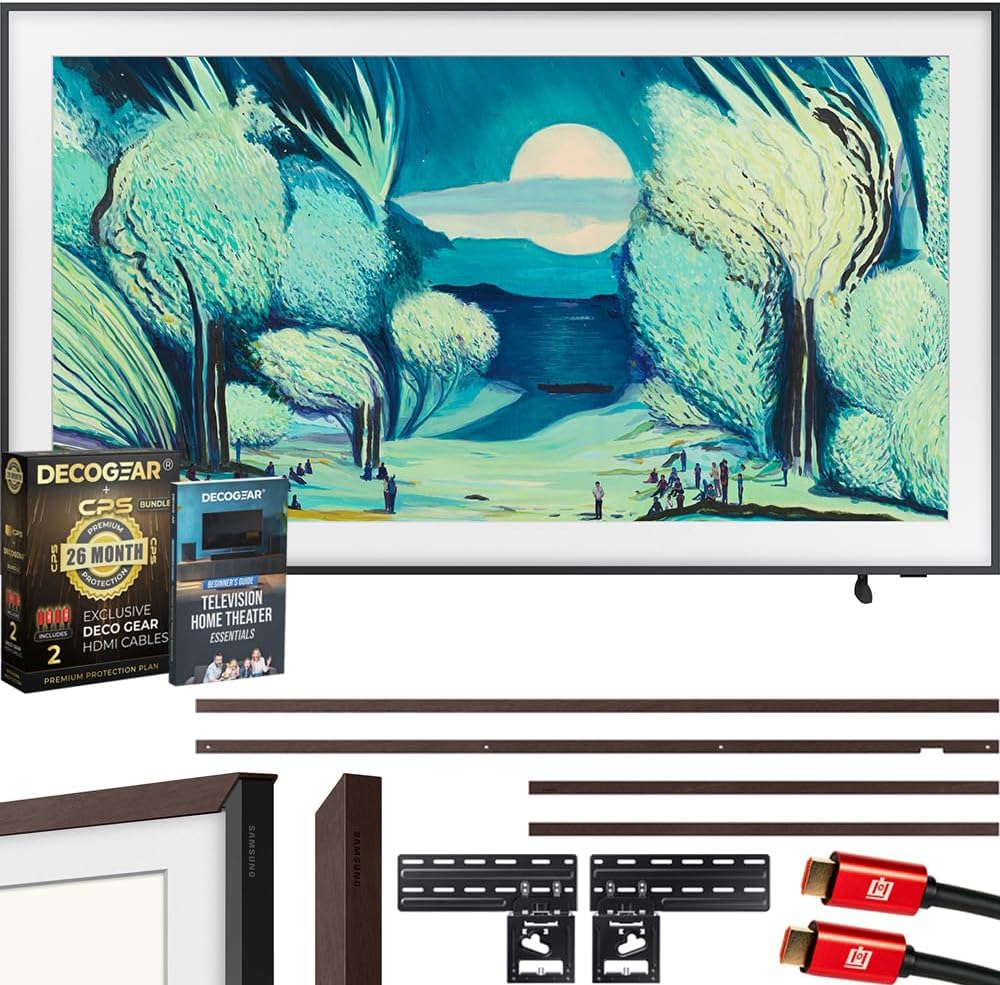 Samsung QN55LS03FA 55' The Frame QLED 4K AI TV (2025) Bundle with Modern Brown Bezel, CPS 26 Month Protection, Slim Flat Mount, 2X HDMI Cables & Deco Gear Complete Home Theater Beginner's Guidebook