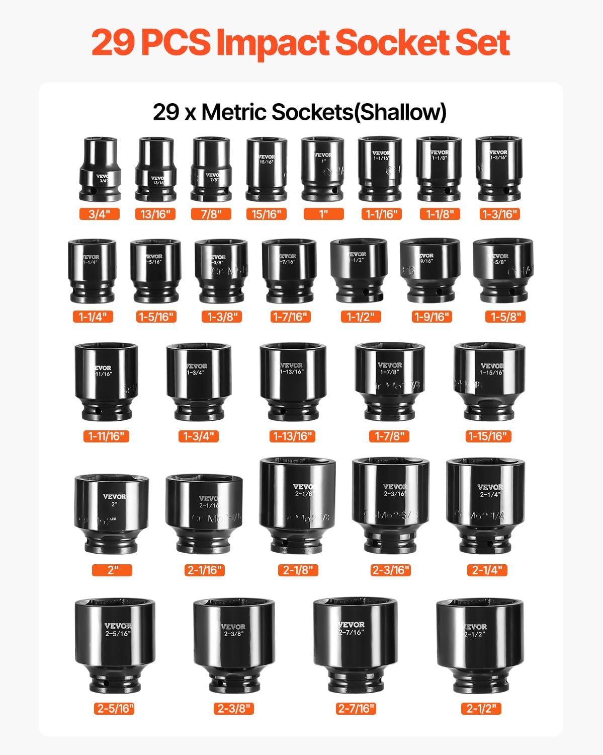 VEVOR Impact Socket Set 3/4 Inches 29 Piece Impact Sockets, 6-Point Sockets, Rugged Construction, CR-M0, 3/4 Inches Drive Socket Set Impact SAE 3/4 inch - 2-1/2 inch, with a Storage Cage