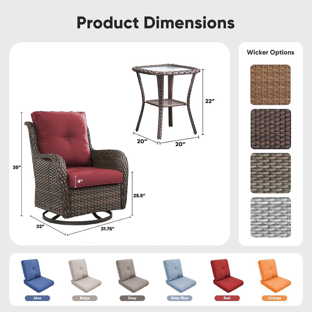Belord Patio Wicker Chairs Swivel Rocker,Outdoor Patio Furniture Set with Rattan Side Table, All Weather Conversation Set for Porch Poolside Balcony, Brown Wicker/Red