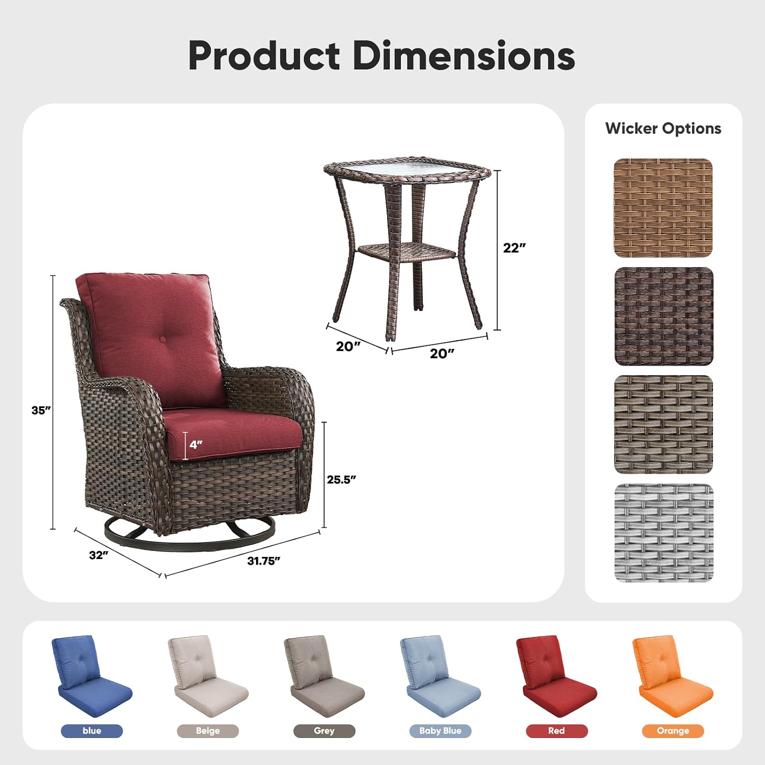 Belord Patio Wicker Chairs Swivel Rocker,Outdoor Patio Furniture Set with Rattan Side Table, All Weather Conversation Set for Porch Poolside Balcony, Brown Wicker/Red