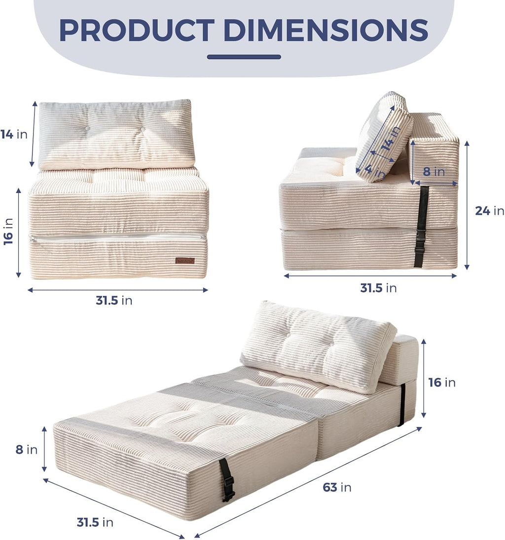 MAXYOYO Folding Sofa Bed, Convertible Sofa Bed with High-Density Support Foam, Portable 4 in 1 Fold Out Chair to Floor Lounger, Versatile Floor Couch for Living Room Bedroom, Beige