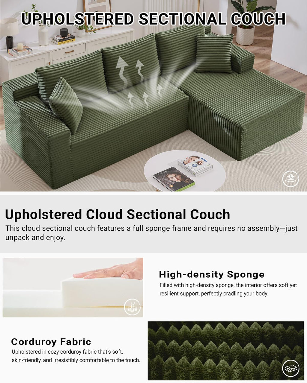 105 Inch Cloud Sectional Couch,Modern Modular Sectional Sofa with Deep Seat,Corduroy Boneless Couches with L-Shape Chaise for Living Room Bedroom,No Assembly Required (Green, Right Facing Chaise)