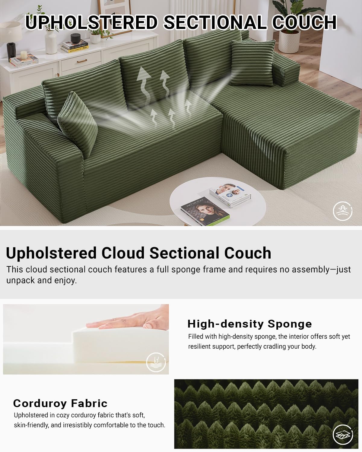 105 Inch Cloud Sectional Couch,Modern Modular Sectional Sofa with Deep Seat,Corduroy Boneless Couches with L-Shape Chaise for Living Room Bedroom,No Assembly Required (Green, Right Facing Chaise)