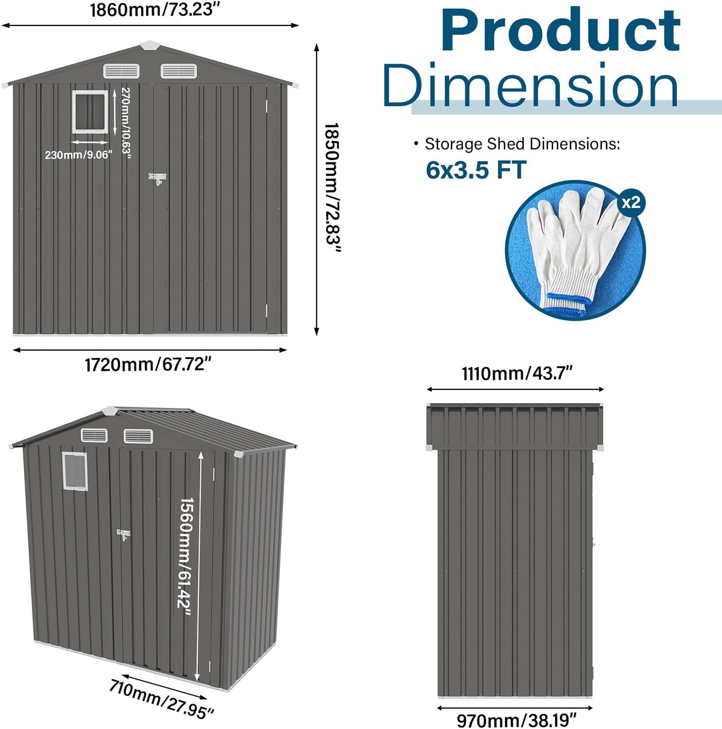 Outdoor Storage Shed 6 x 3.6 FT Metal Tool Shed with Peaked Roof, Metal Garden Shed Anti-Corrosion Storage House with Clear Window, Lockable Door for Backyard, Patio, Sundries, Gray (Clear Window)