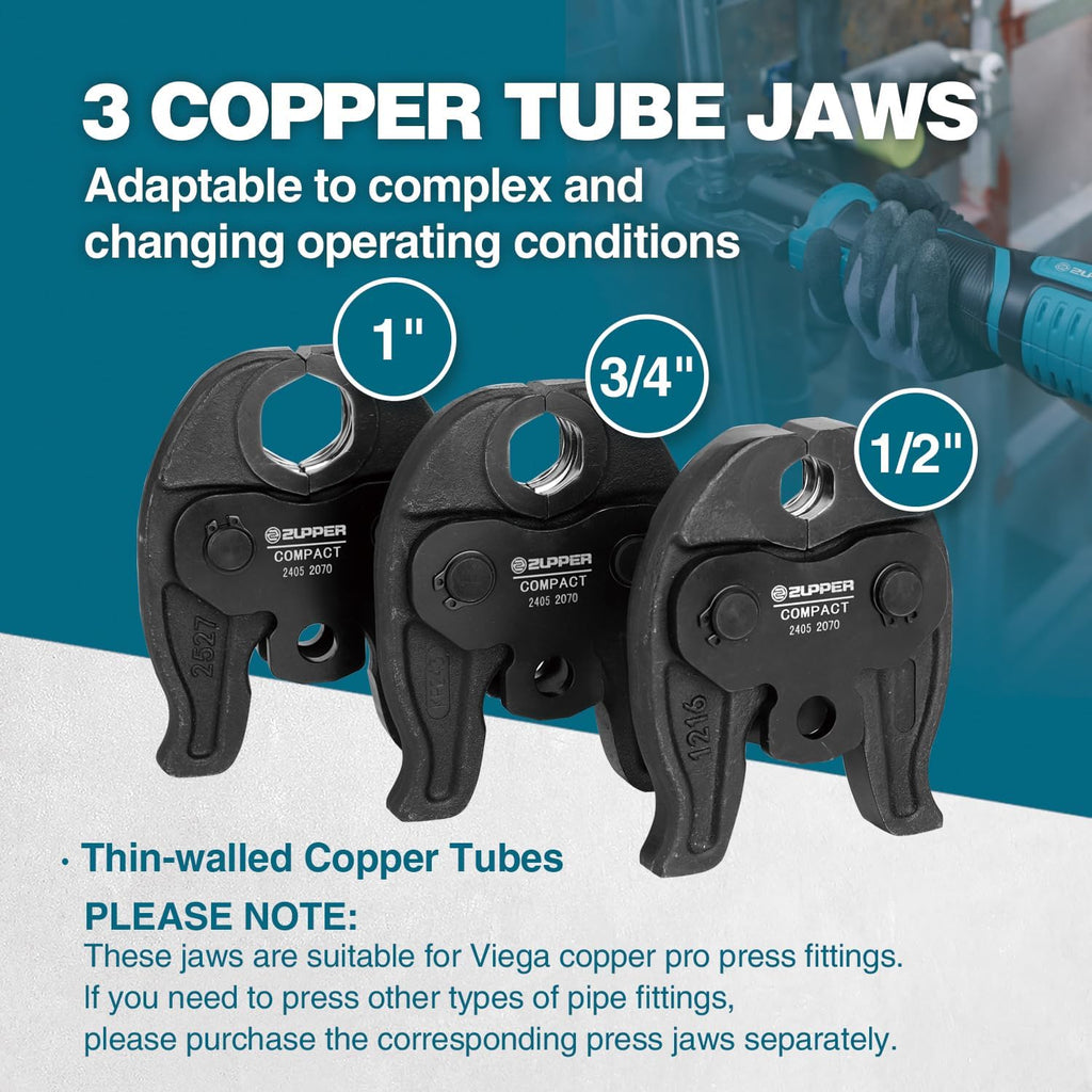 ZUPPER Press Tool, 18V Electric Pipe Crimping Tool for 1/2', 3/4', 1' Copper Pipes, Compact Press Tool Kit Suitable for Copper ProPress fittings - with Brushless Motor, 3 VUS Press Jaws, 2pcs Battery