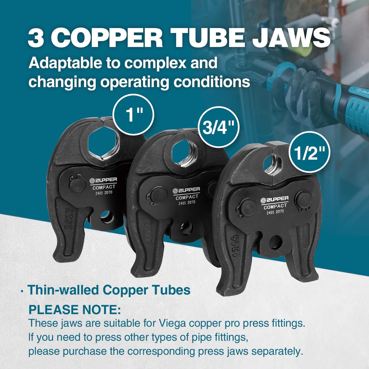 ZUPPER Press Tool, 18V Electric Pipe Crimping Tool for 1/2', 3/4', 1' Copper Pipes, Compact Press Tool Kit Suitable for Copper ProPress fittings - with Brushless Motor, 3 VUS Press Jaws, 2pcs Battery