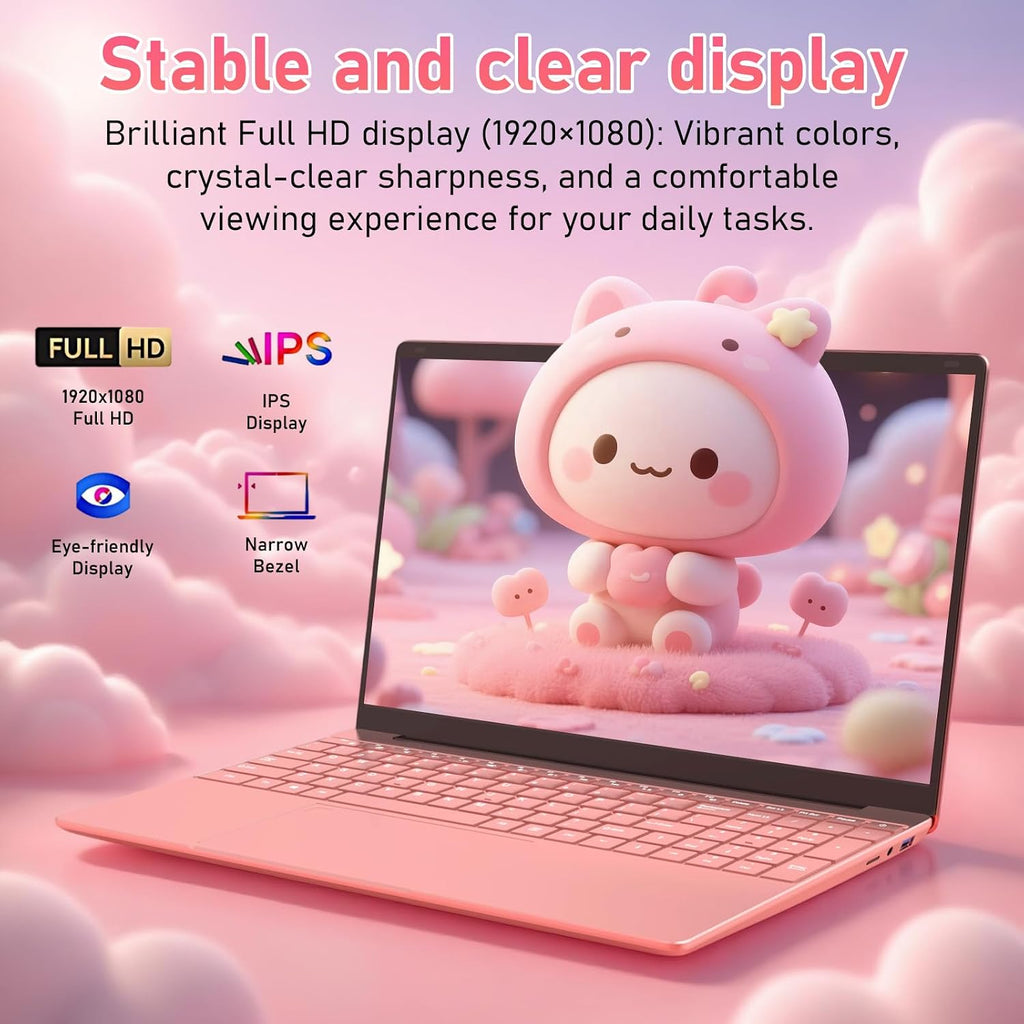 Student Laptop 15.6 Inch, Lightweight Notebook with 8GB RAM 256GB SSD, FHD IPS Display, Backlit Keyboard & Fingerprint Login, Rose Gold Portable Computer for School & Daily Use