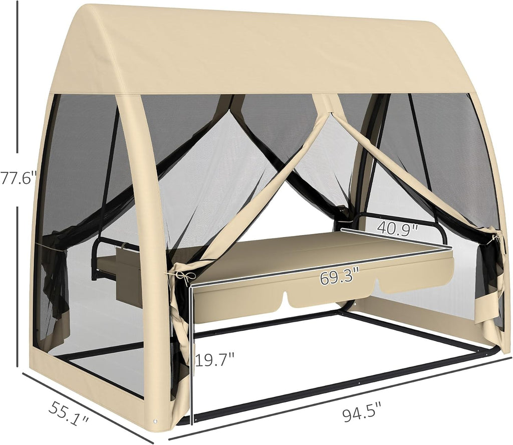 Outsunny 3-Seat Patio Swing Chair, Porch Swing Bed with Convertible Backrest, Cushion, Canopy, Side Pocket and Mesh Netting for Patio, Garden, Backyard, Coffee