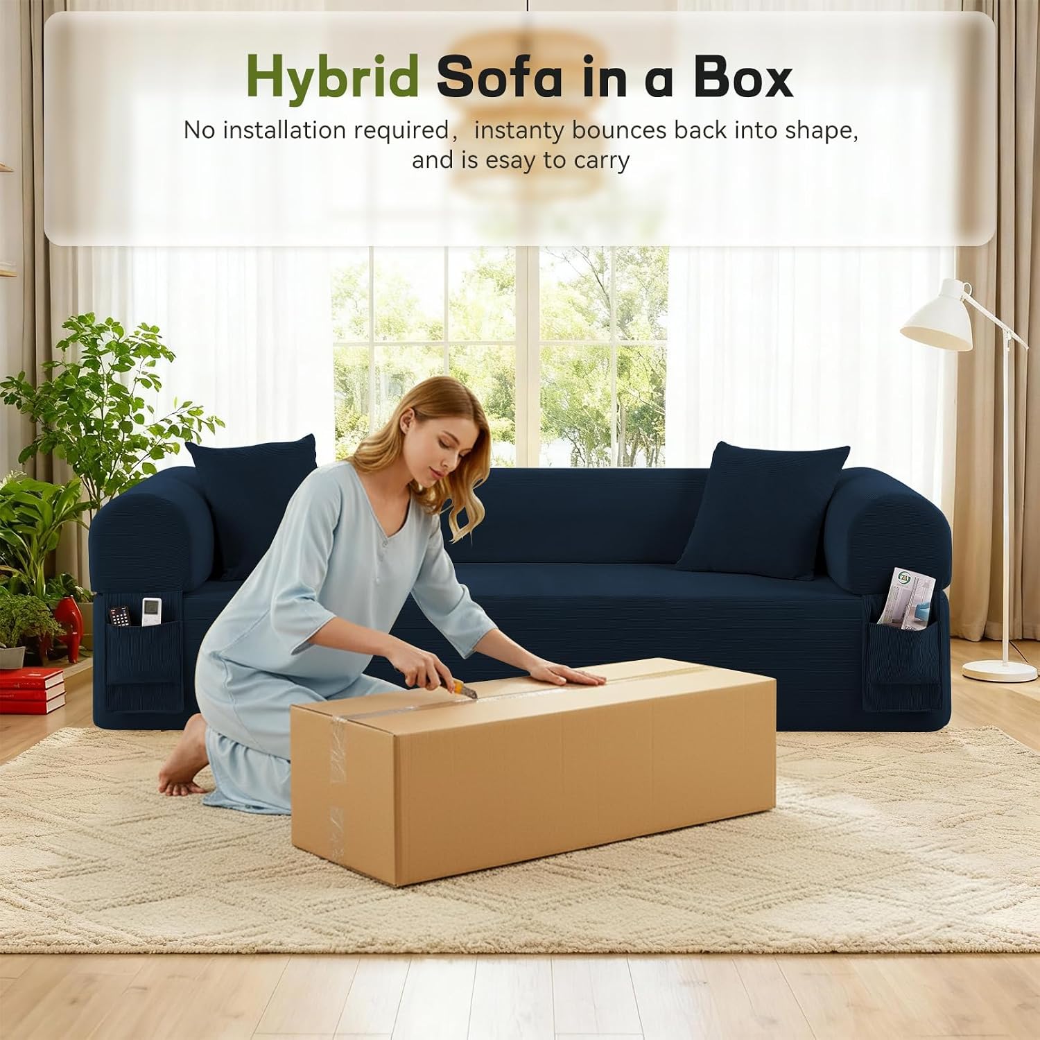 3 Seater Sofa Couch for Living Room (Blue, 30' D + 2 Pillows)
