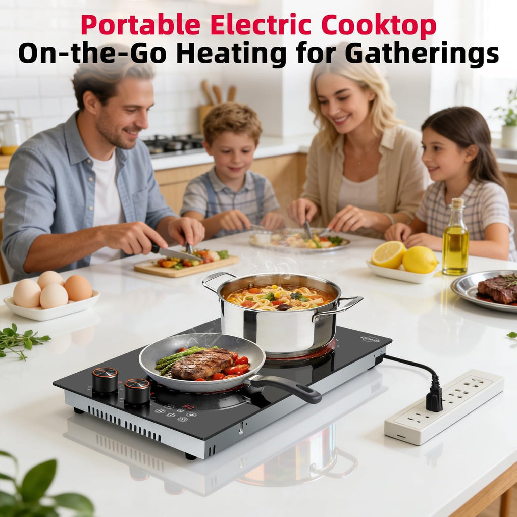 2 Burner Electric Cooktop 110v Hobsir, 2000W Electric Stove Top Burner 12 Inch, 9 Power Levels, Knob & Touch Control, Plug in Cooktop 120v, 99 Mins Timer, Safety Lock, Automatic shutdown