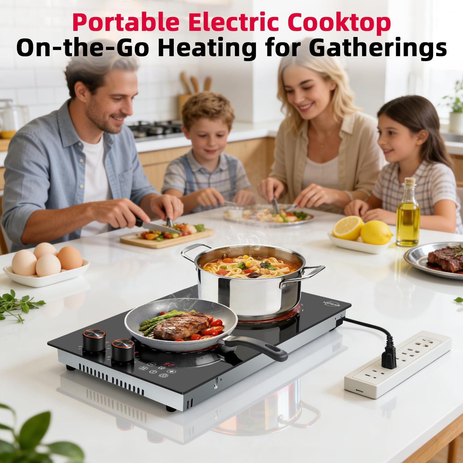 2 Burner Electric Cooktop 110v Hobsir, 2000W Electric Stove Top Burner 12 Inch, 9 Power Levels, Knob & Touch Control, Plug in Cooktop 120v, 99 Mins Timer, Safety Lock, Automatic shutdown