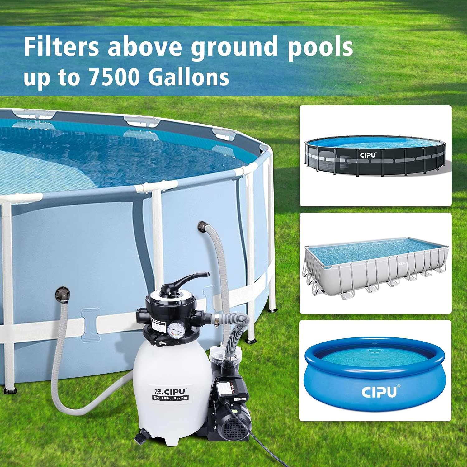 CIPU 12-inch Sand Filter Pump System Handy 4-Way Valve for Above Ground Swimming Pools with Prefilter Pool Pump 115V 6-Foot Cord to Easy Installation SFPS12501