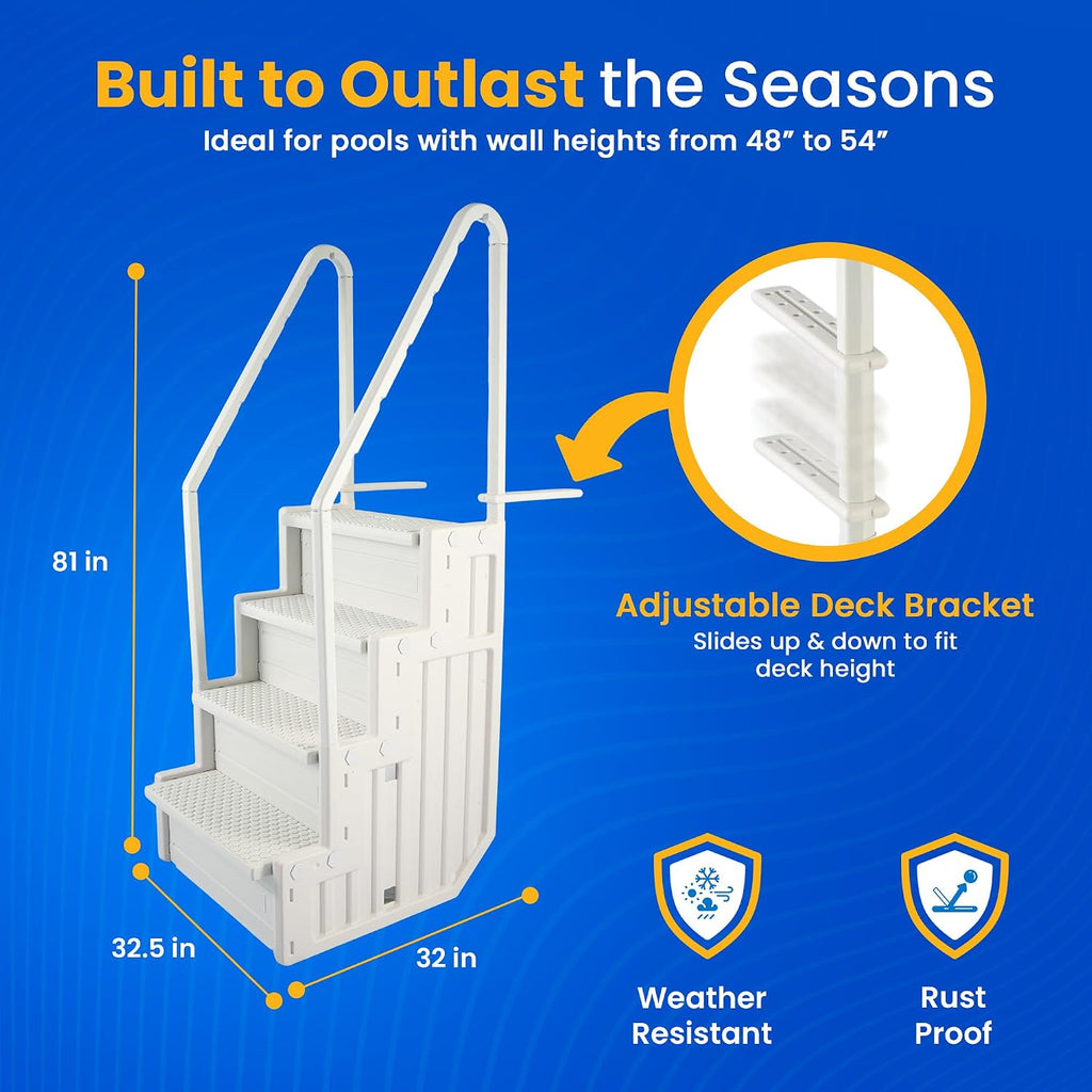 Blue Wave Easy Pool Steps – Anti-Slip Above Ground Pool Ladder – Fits 48-54-in Above Ground Pools, 350-lb Capacity – Wide Stairs with Handles & Deck Mounting Brackets, White Vinyl