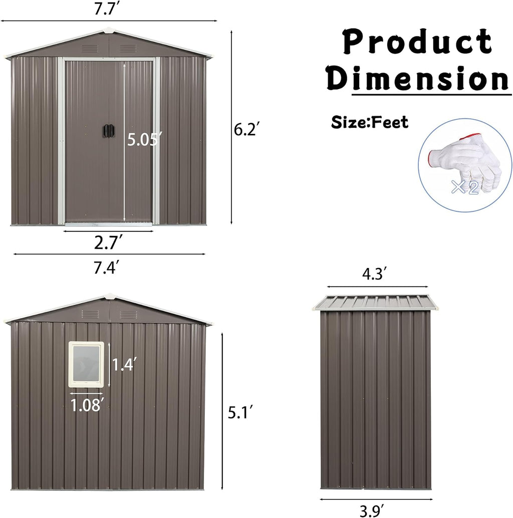 8 X 4 FT Outdoor Storage Shed Large Metal Utility Tool Sheds with Floor Frame and Window Vertical Outside Storage Building with Sliding Door for Backyard Garden Patio Lawn, Gray