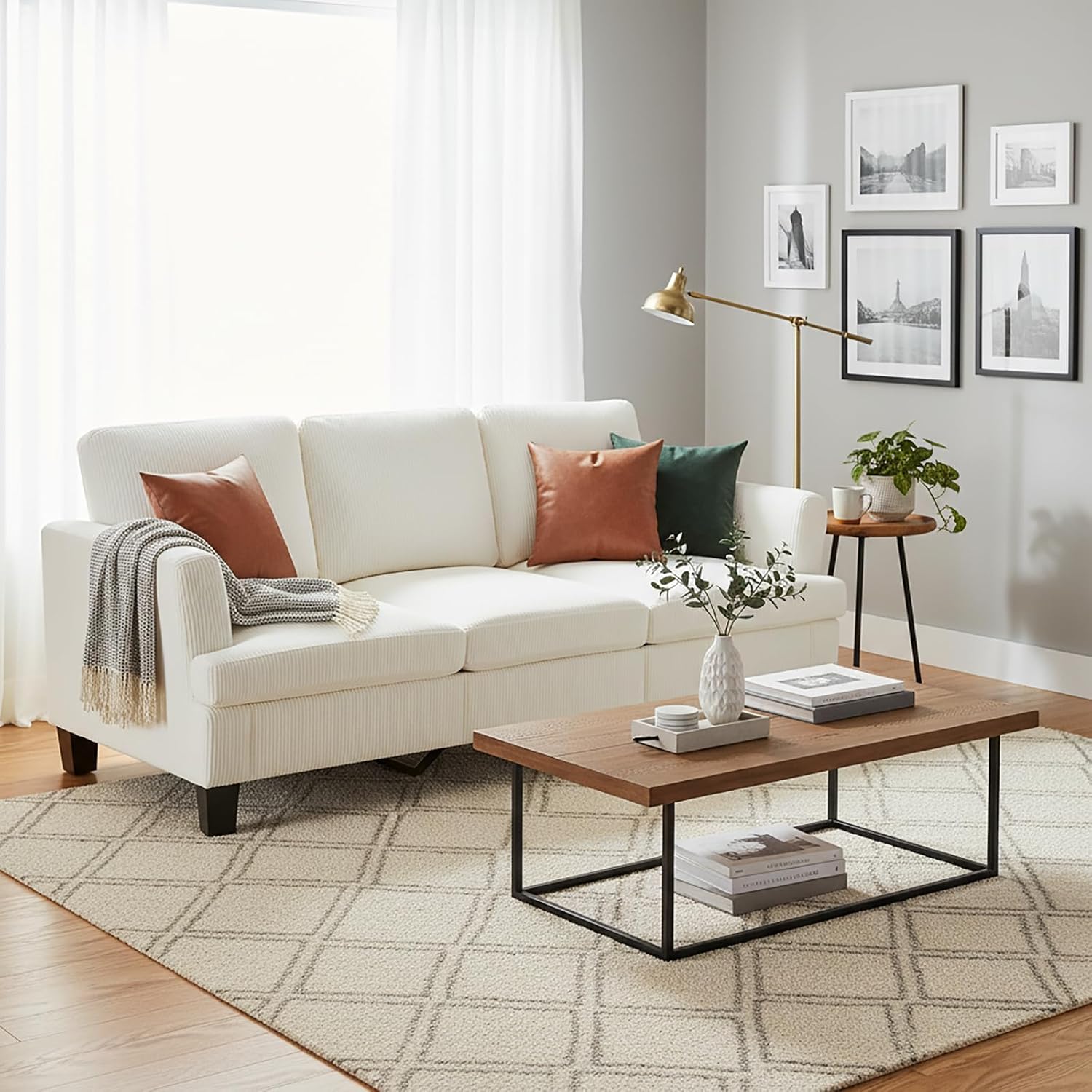 3 Seater Couch, 84' Comfy Corduroy Sofa with Deep Seat for Living Room, Modern Upholstered White Sofa Couches for Bedroom, Apartment and Office (Pillows Not Include)