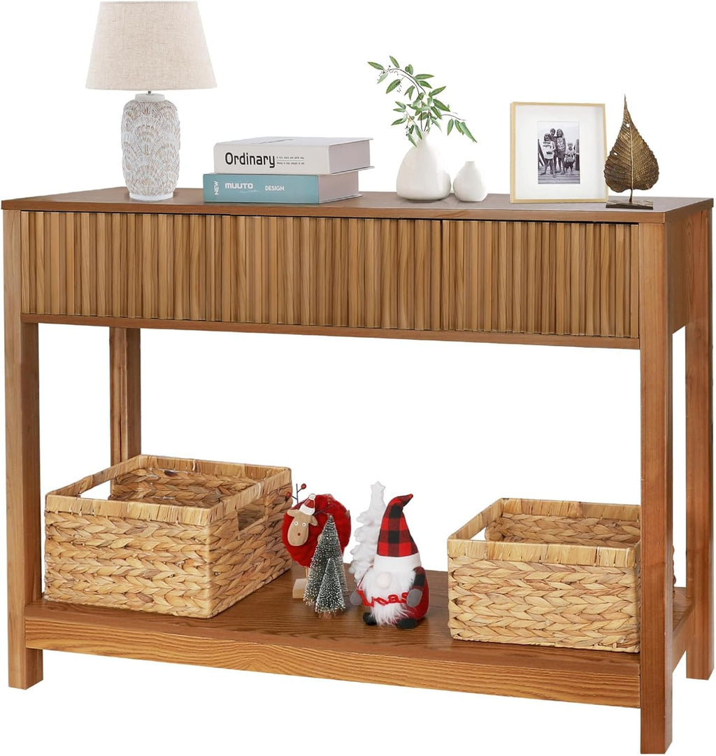 Fluted Console Table with Storage, 48' Long Entryway Slim Sofa Table Behind Couch Entry Tables, Narrow Wood Hallway Modern Living Room Couch Foyer Entrance Tables Brown