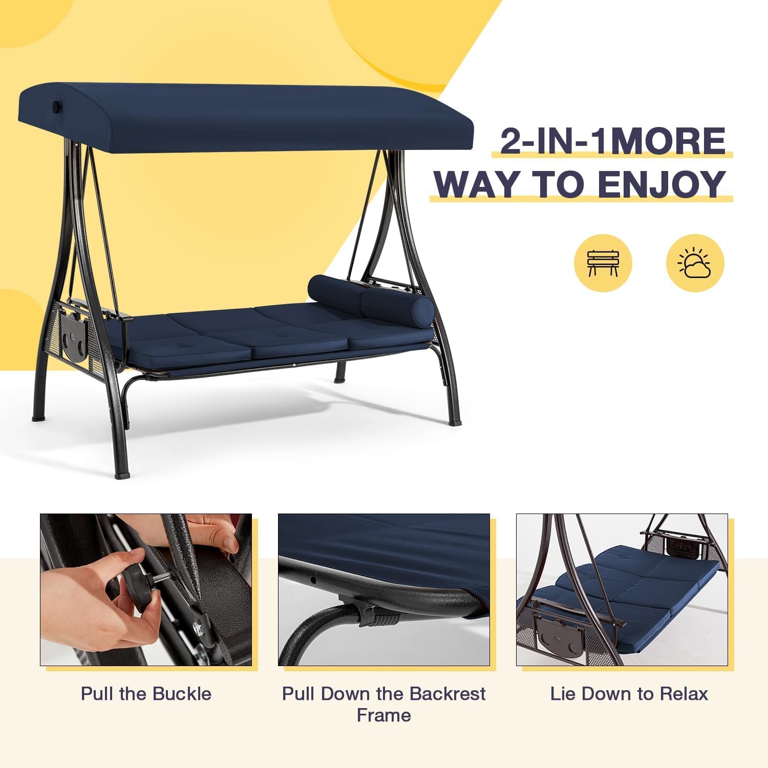 HOMREST 3 Person Outdoor Porch Swing with 1.5' Upgraded Cup Holder, Adjustable Canopy, Backrest, Patio Swing Bed with Weather Resistant Steel Frame, Cushions for Garden,Deck and Poolside(Blue)