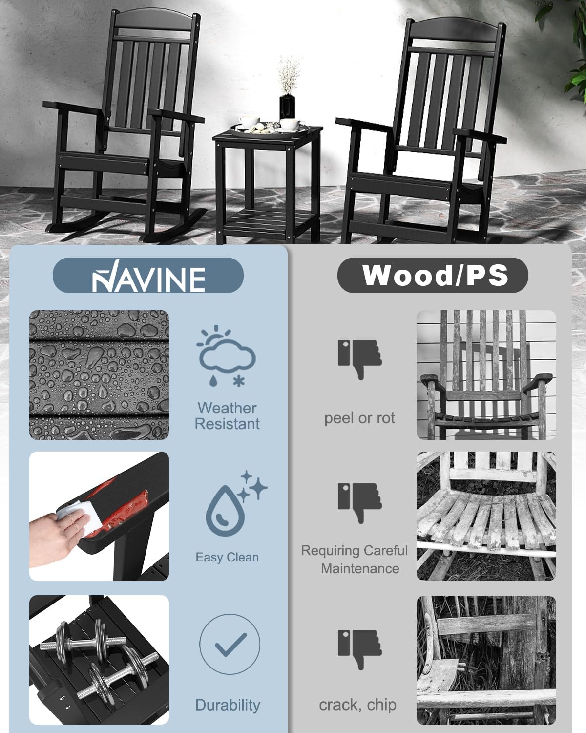 NAVINE Outdoor Rocking Chairs Set of 4, Oversized High Back Patio Rocking Chairs, All Weather Porch Rocking Chairs for Outside. Black
