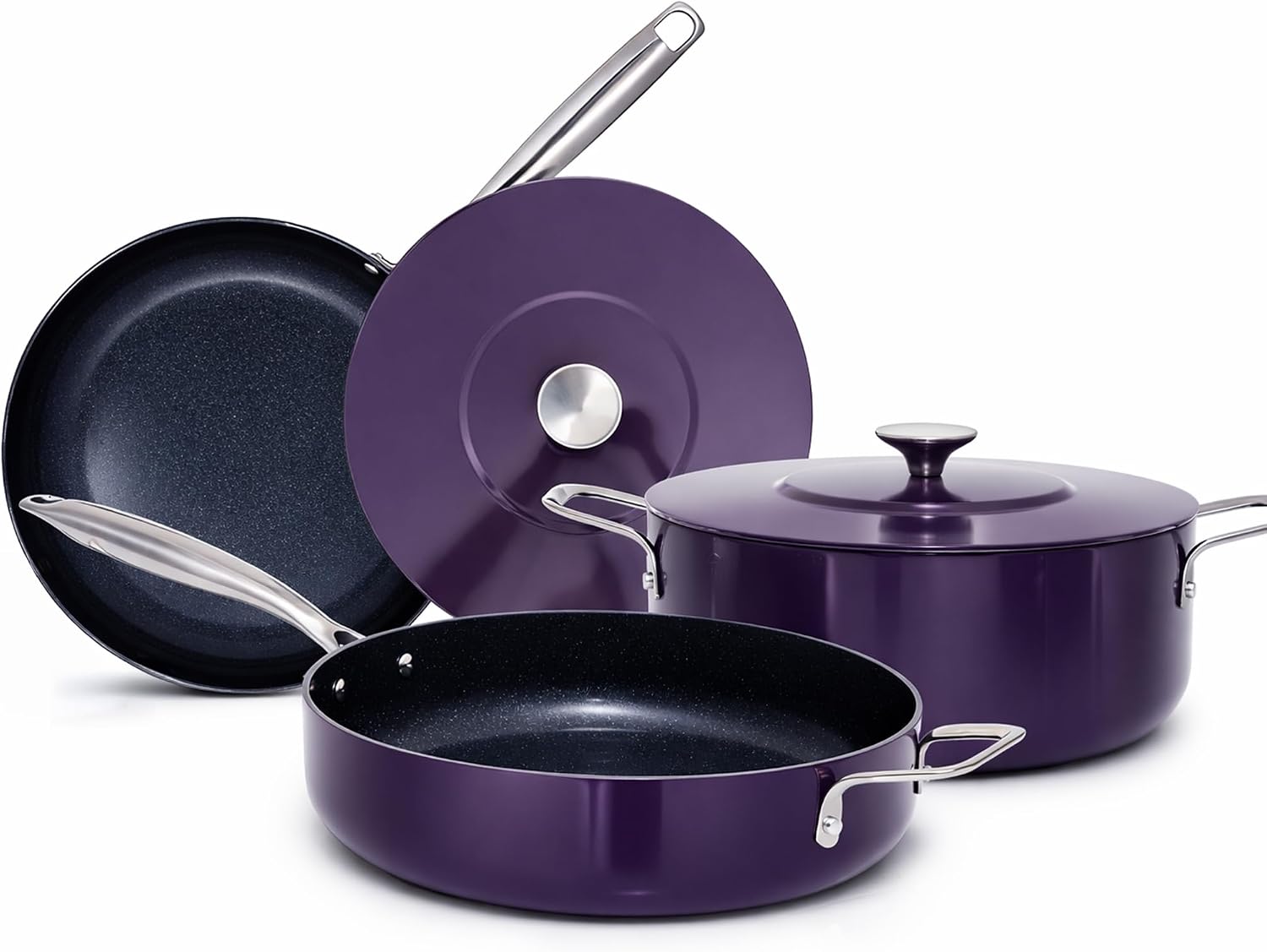 Nuwave Essential Series 5PC Ceramic Cookware Set PFAS-Free, G11 Duralon Blue Coating, Pots and Pans Set Non Stick, Diamond Scratch-Resistant,Stay-Cool Handle, Metal Lid,Induction Ready,Dishwasher Safe
