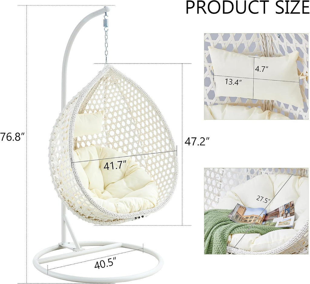 Egg Chair Indoor Outdoor, Hanging Chair for Bedroom, Swing Chair Hammock with Stand & Cushions, Comfy Swinging Adult Reading for Patio Balcony Backyard, Heavy Duty 350LBS, White