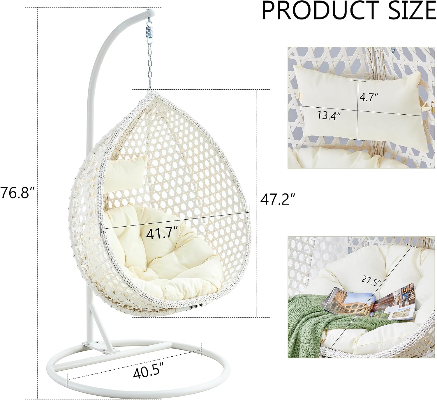 Egg Chair Indoor Outdoor, Hanging Chair for Bedroom, Swing Chair Hammock with Stand & Cushions, Comfy Swinging Adult Reading for Patio Balcony Backyard, Heavy Duty 350LBS, White