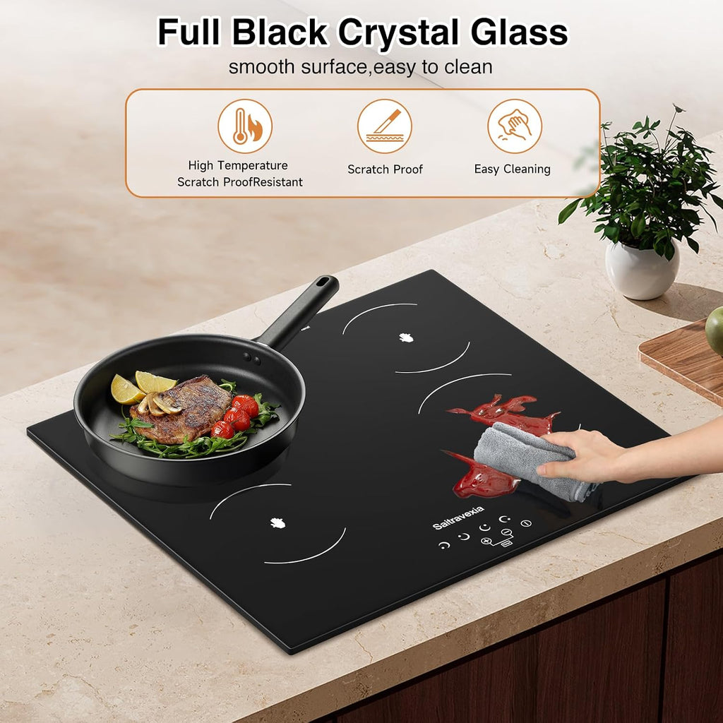 Electric Cooktop 24 Inch 4 Burners Built-in Electric Stove Top with Sensor Touch Control Child Safety Lock 9 Heating Power Settings, 6800 High Power, 220-240v Hard Wired