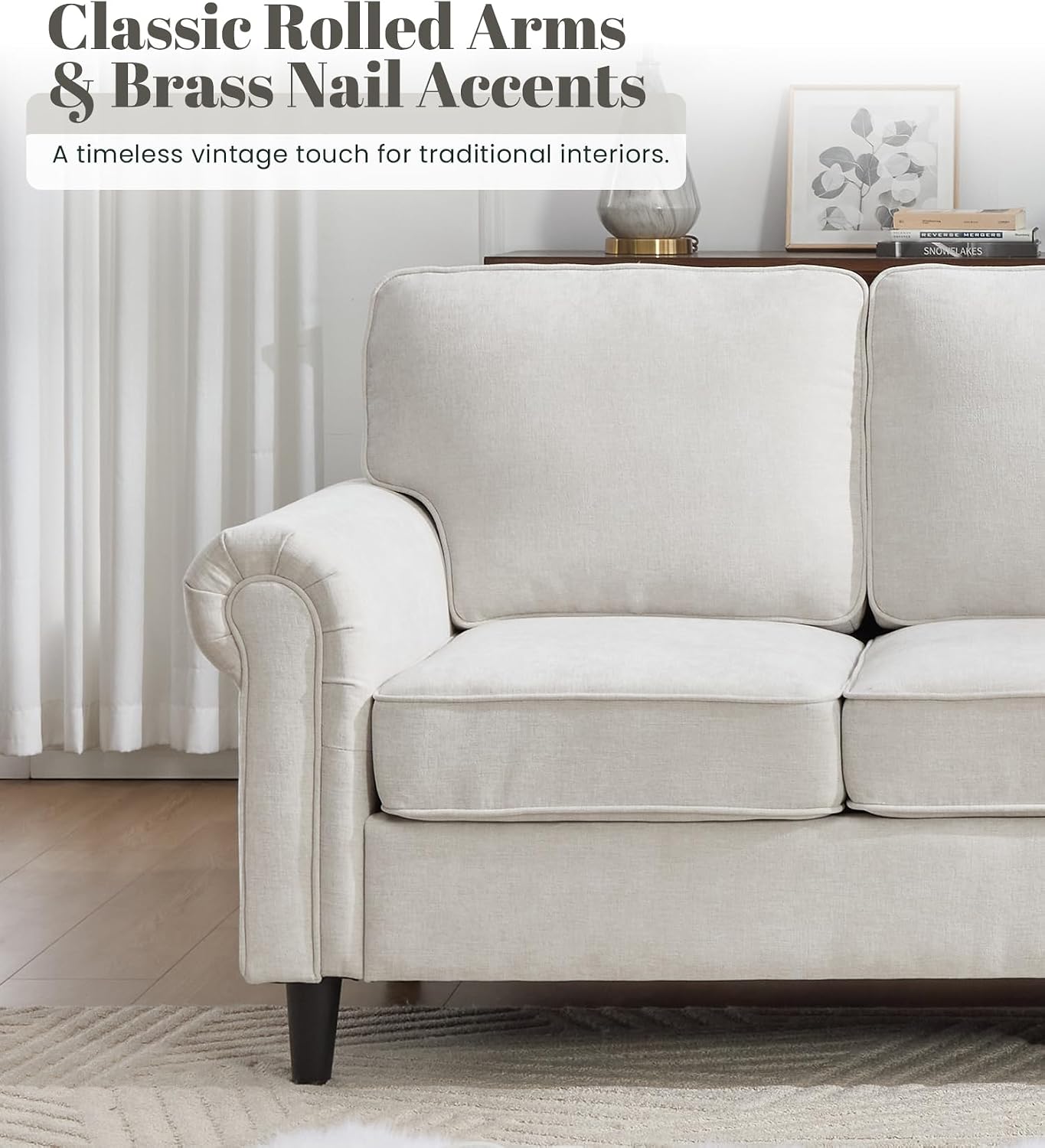 Kingfun 3 Seater Couch, Mid Century Modern Sofa Set with Rolled Arms and Deep Seats, Fluffy Comfort for Living Room, Apartment, Easy Assembly, Beige