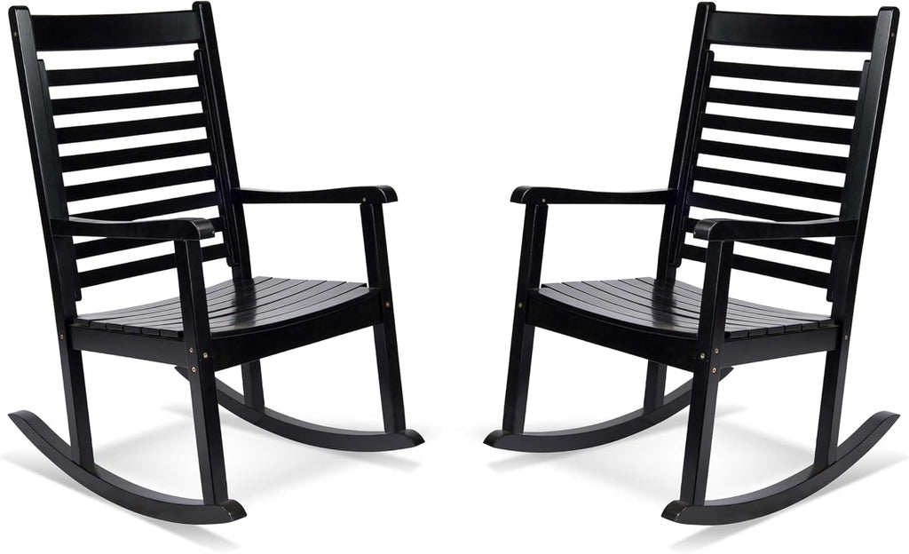Shine Company Modern Wood Rocking Chairs, Ergonomic Wide Seat Porch Rockers, 2-Pack, Black