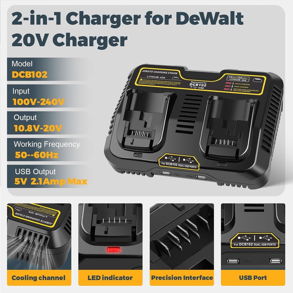 6 Packs 20V 6.0Ah Battery with DCB102 2-Port Fast Charger Combo Compatible for DeWalt 20V Max Battery DCB206 DCB205 DCB207 DCB208, Compatible with DeWalt 20 Volt DCD/DCF/DCG/DCS Cordless Power Tools